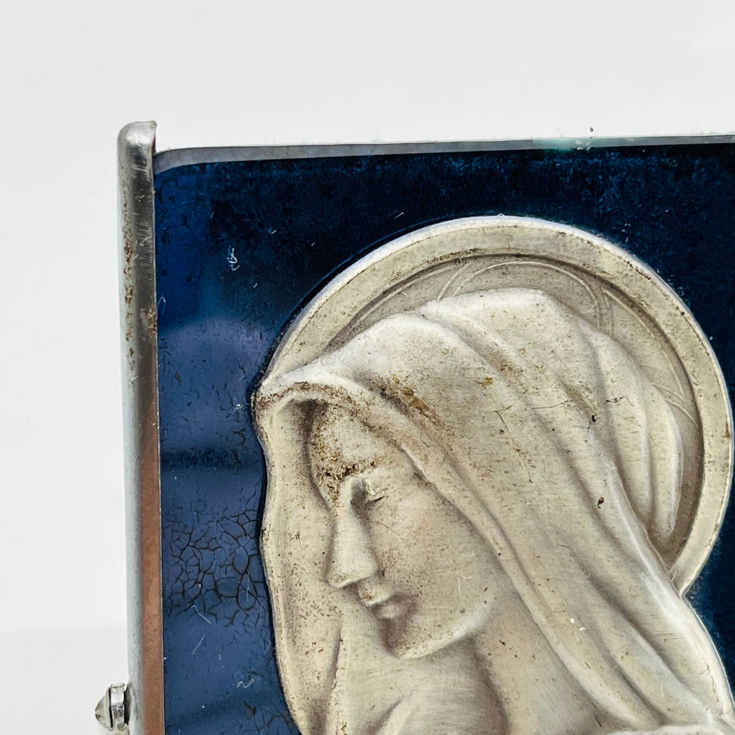 1920s Art Deco Metal Virgin Mary Madonna on Blue Glass Free Standing 4” TC3