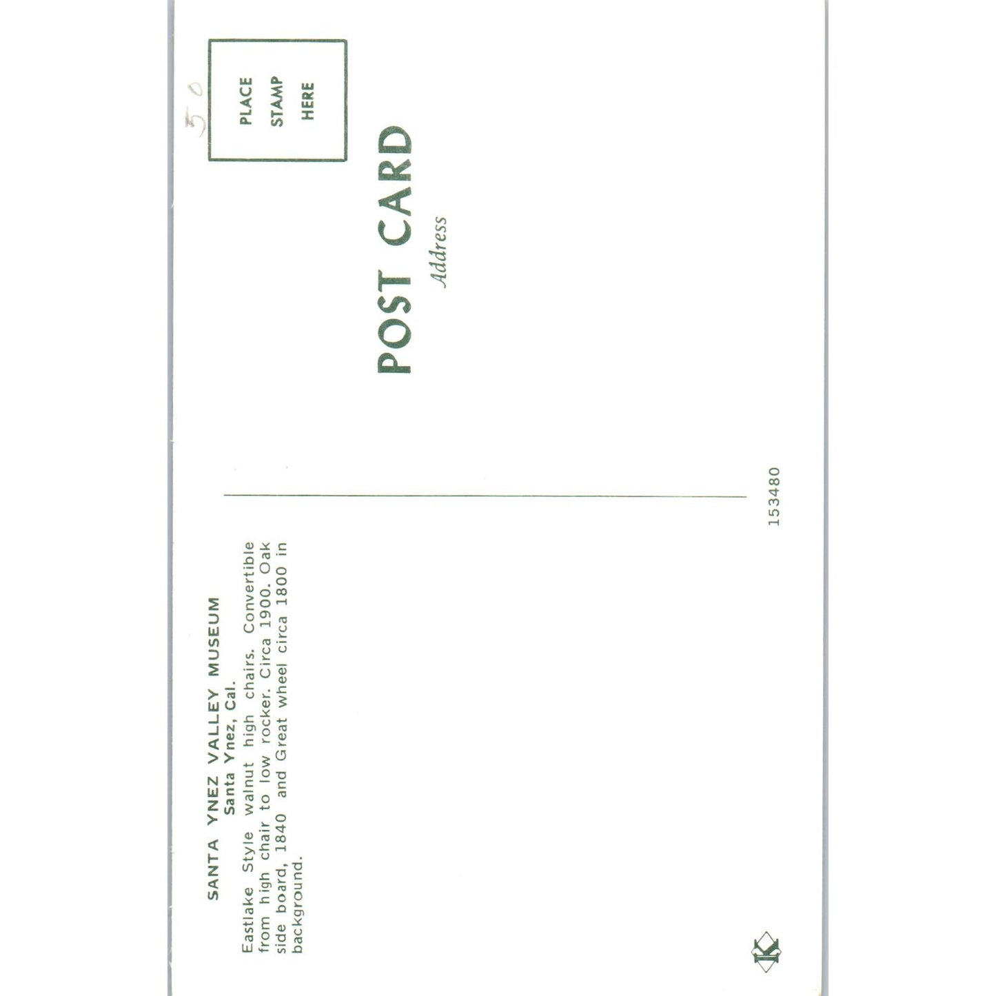 Santa Ynez Valley Museum Walnut Chairs & Doll CA Original Postcard PB6