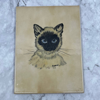 Vintage Original Art Hand Painted Siamese Cat on Tile Sami 8x6” TB6