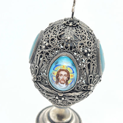 Vintage Russian Pewter Filagree Egg Catholic Jesus and Mary XB 4" TF6
