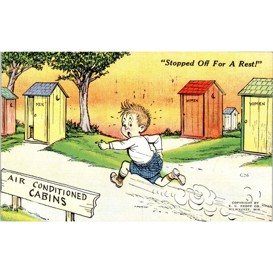 Stopped for a Rest Outhouse Humor Cartoon 1944 Original Postcard P1-15
