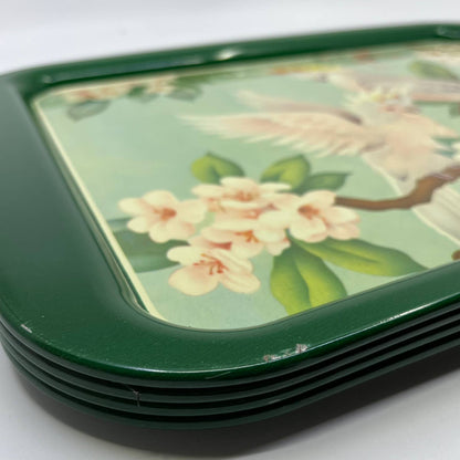 1950's Set of 4 MCM Cockatiel Tropical Toleware Tin Litho Trays 17.5 x 13” TH9-1