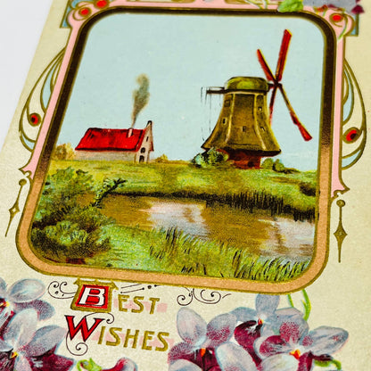 1911 Post Card Illustrated Embossed Windmill Cottage River Dresden Gilt PA7