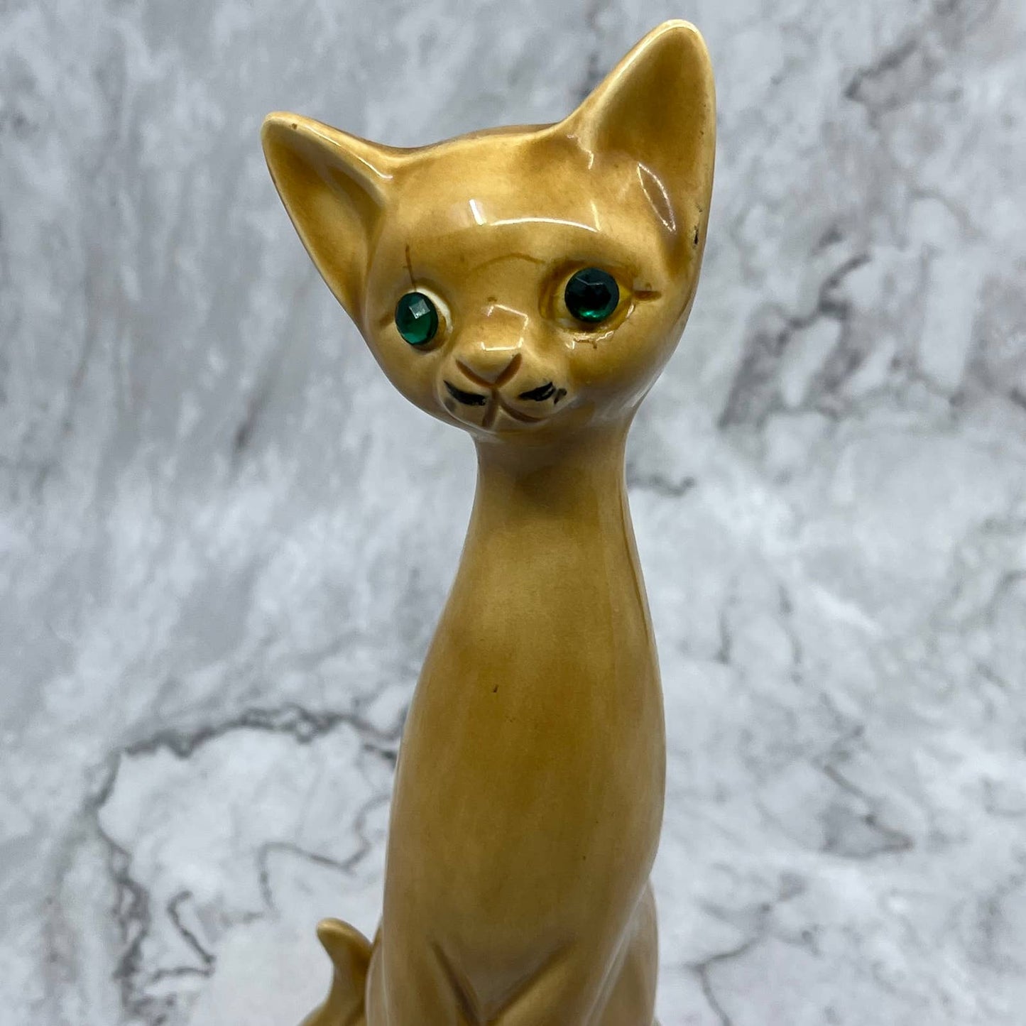 1950s MCM Long Neck Siamese Cat Figurine Ornament Tan Green Eyes 9" TA2-2