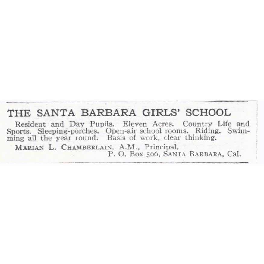 The Santa Barbara Girls School Marian L. Chamberlain - 1921 Original Ad TJ7-S6