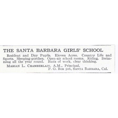 The Santa Barbara Girls School Marian L. Chamberlain - 1921 Original Ad TJ7-S6