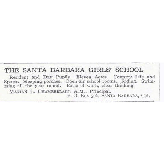 The Santa Barbara Girls School Marian L. Chamberlain - 1921 Original Ad TJ7-S6