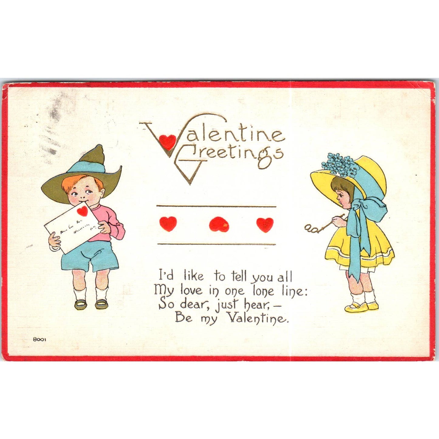 1916 Valentine Kids in Funny Hats Original Postcard TK1-P19