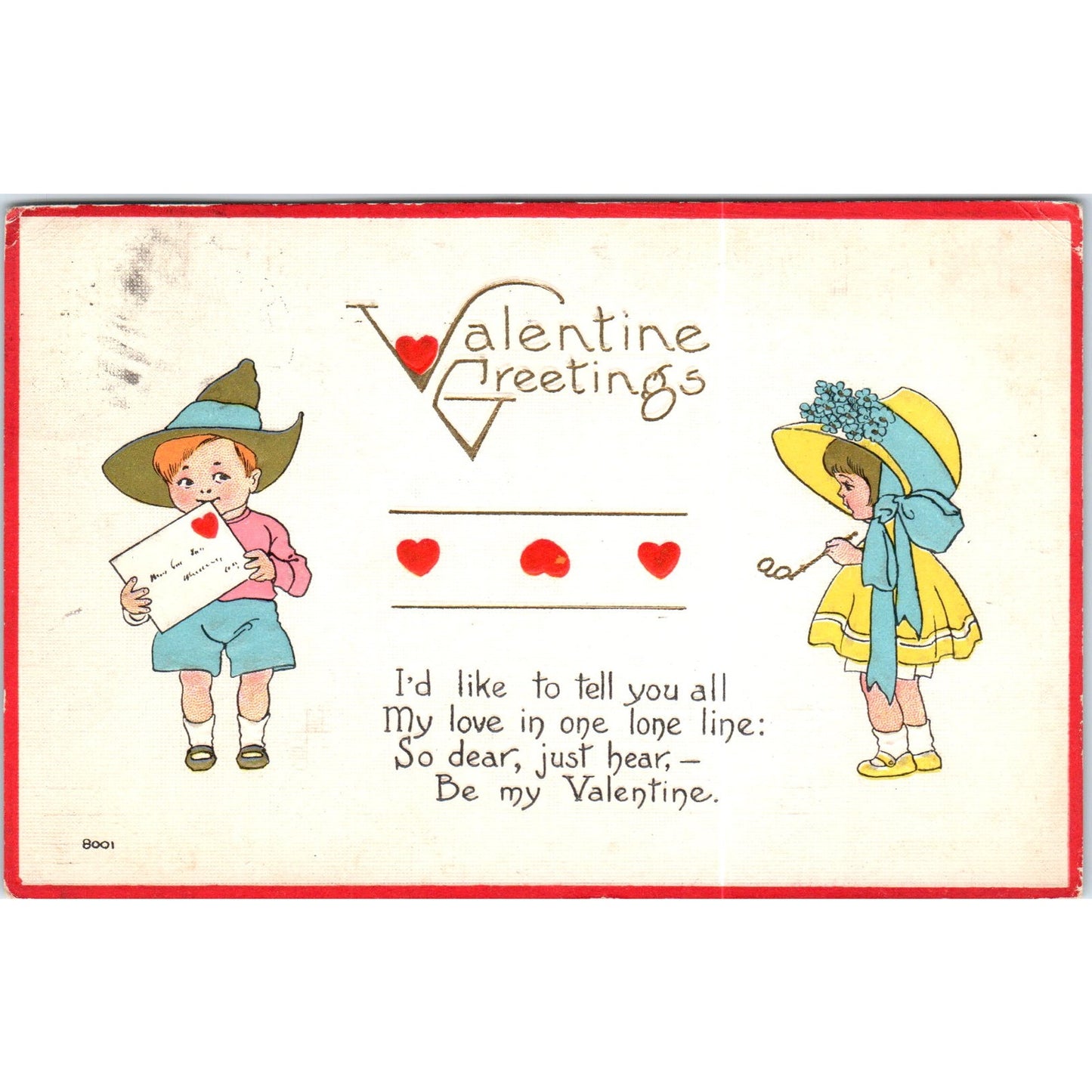 1916 Valentine Kids in Funny Hats Original Postcard P2-4