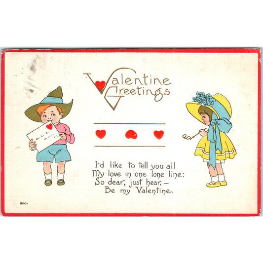 1916 Valentine Kids in Funny Hats Original Postcard P2-4