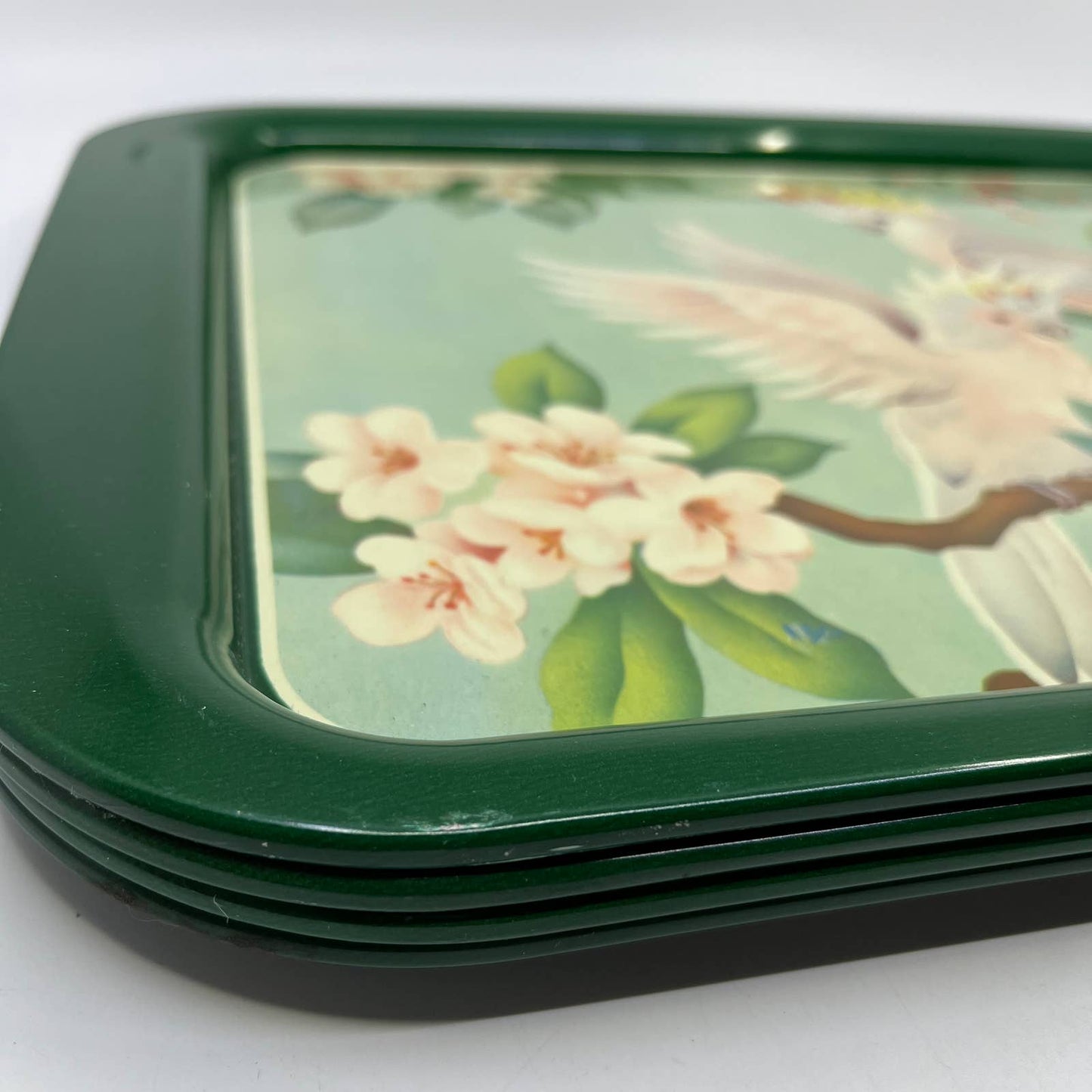 1950's Set of 4 MCM Cockatiel Tropical Toleware Tin Litho Trays 17.5 x 13” TH9-2