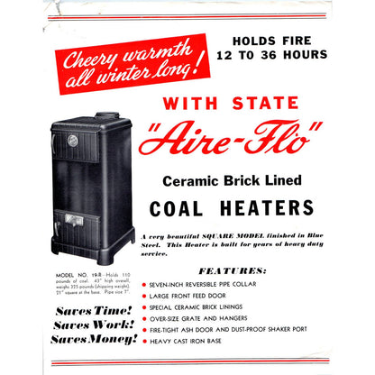 1950s Aire-Flo Ceramic Brick Lined Coal Heaters Advertising Leaflet AD5