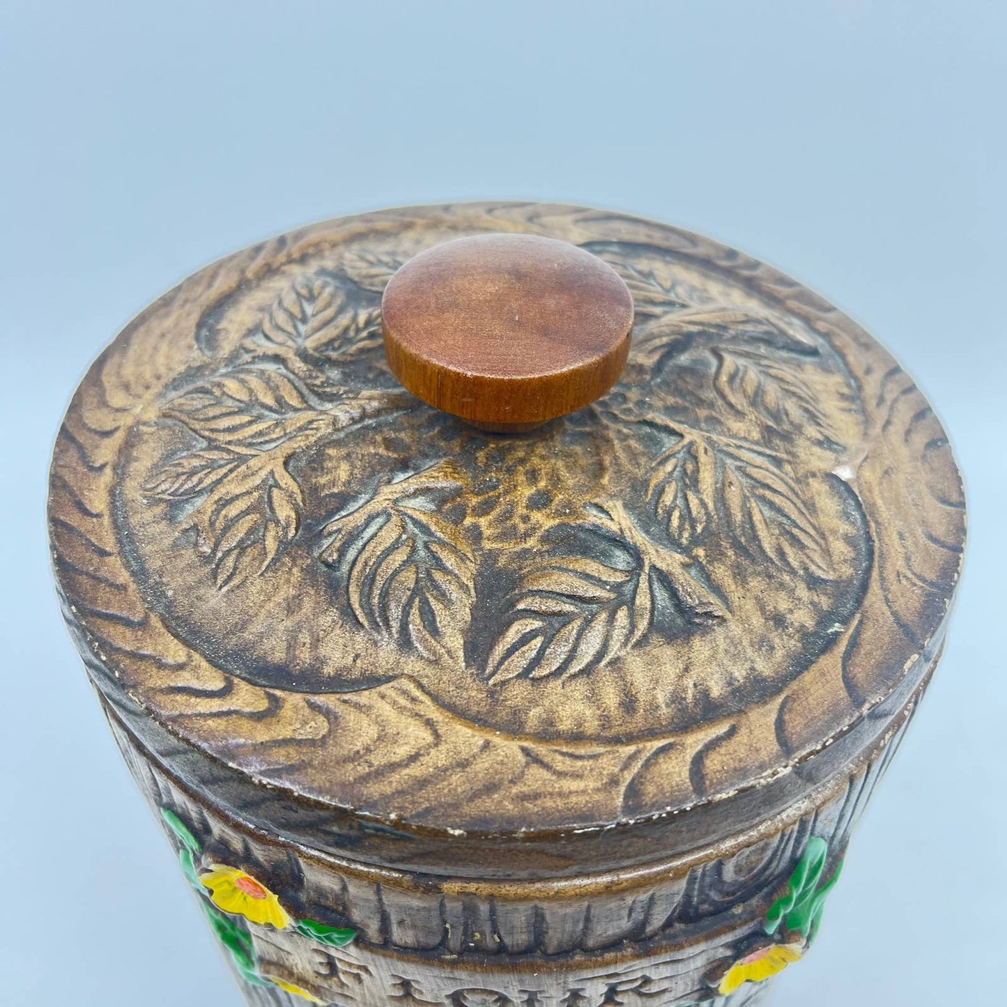 1960s Treasure Craft Owl Flour Canister Ceramic Brown Wood Grain USA TE8