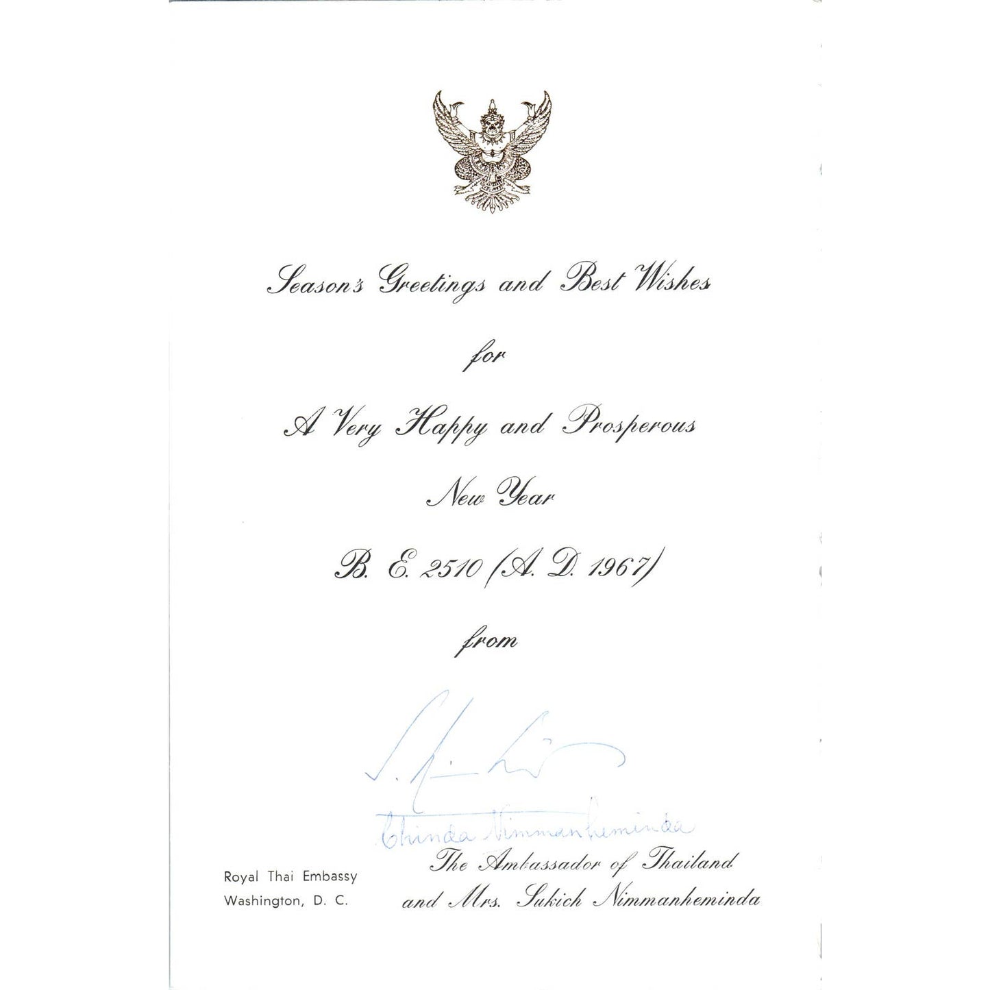 1960s Christmas Card from The Royal Thai Embassy 1967 TK1-P11