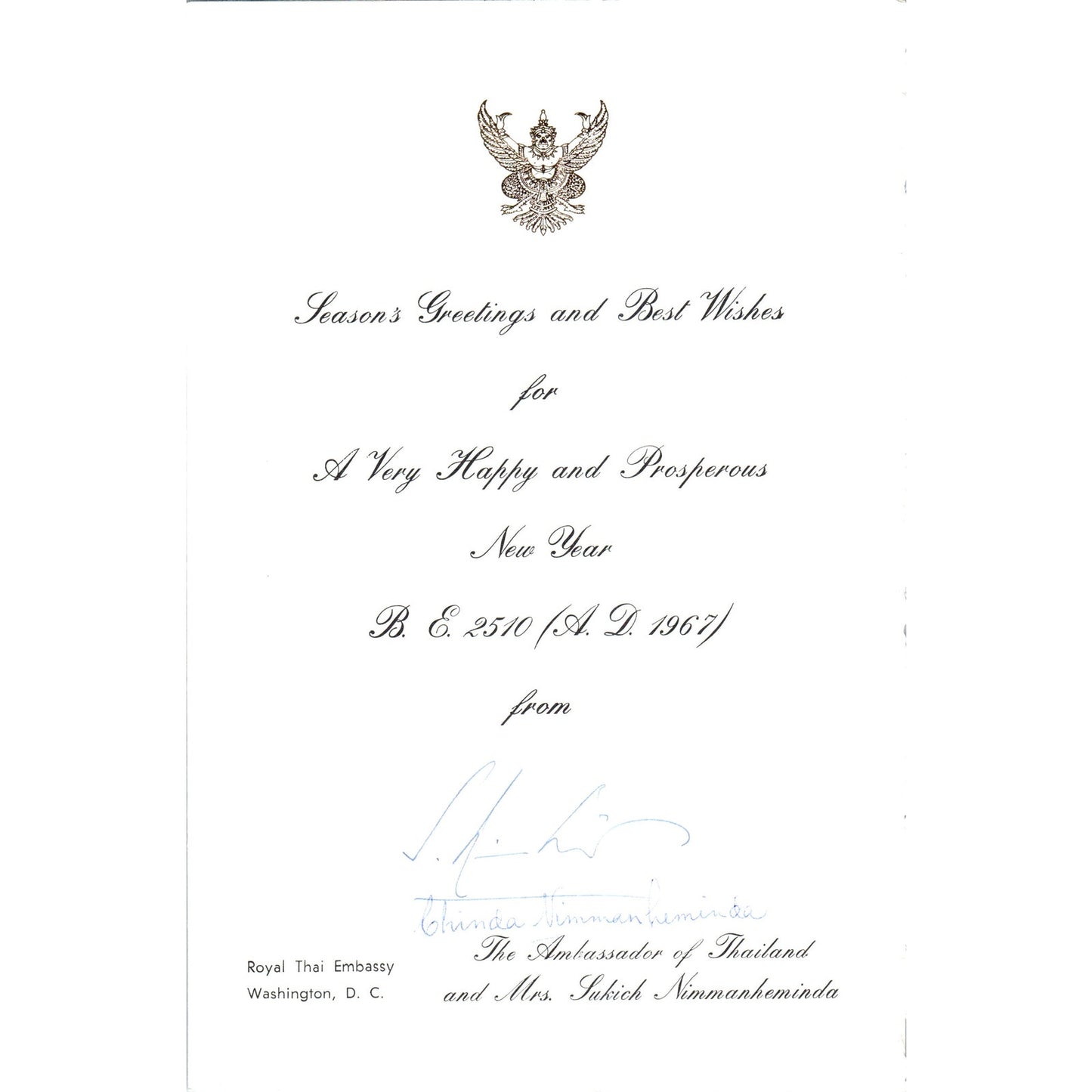 1960s Christmas Card from The Royal Thai Embassy 1967 B15