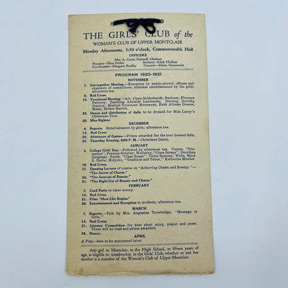 1920-21 The Girls Club of The Woman’s Club of Upper Montclair Schedule NJ D6