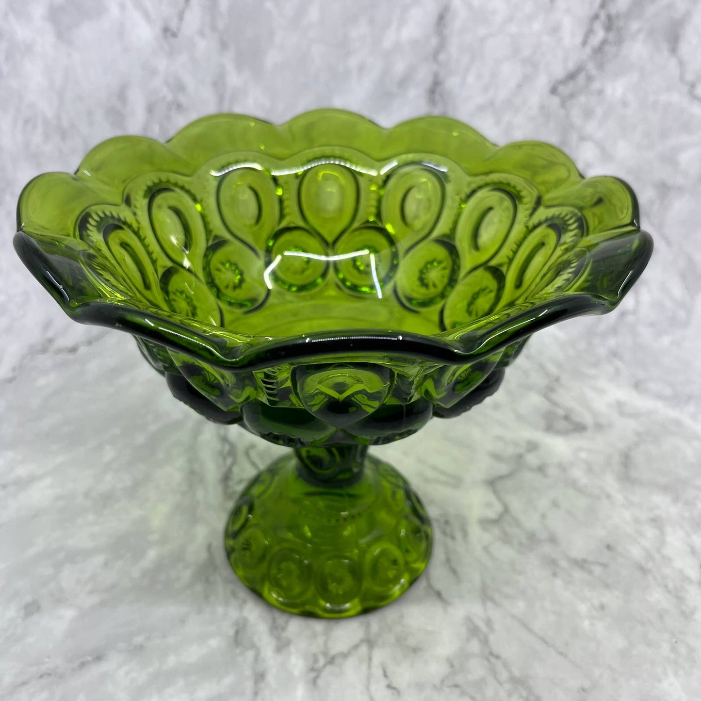 Vintage LE Smith Moon Stars Compote Green Glass Ruffled Edges Large 6.5x8" TA2