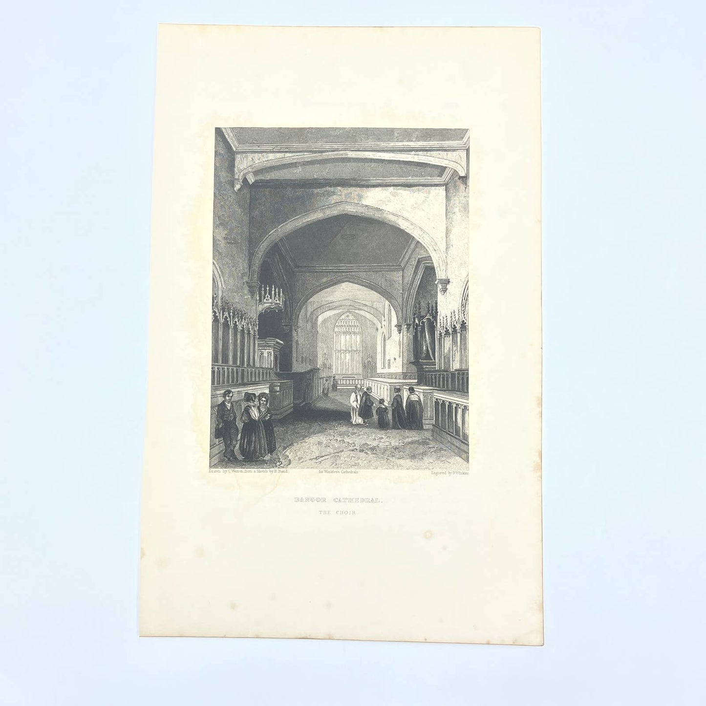 1842 Original Art Engraving Bangor Cathedral - The Choir AC6