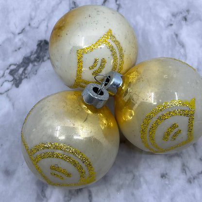 Vtg Lot of 3 Shiny Brite Mercury Glass Ornaments Yellow Cream Mica Stencil TJ9