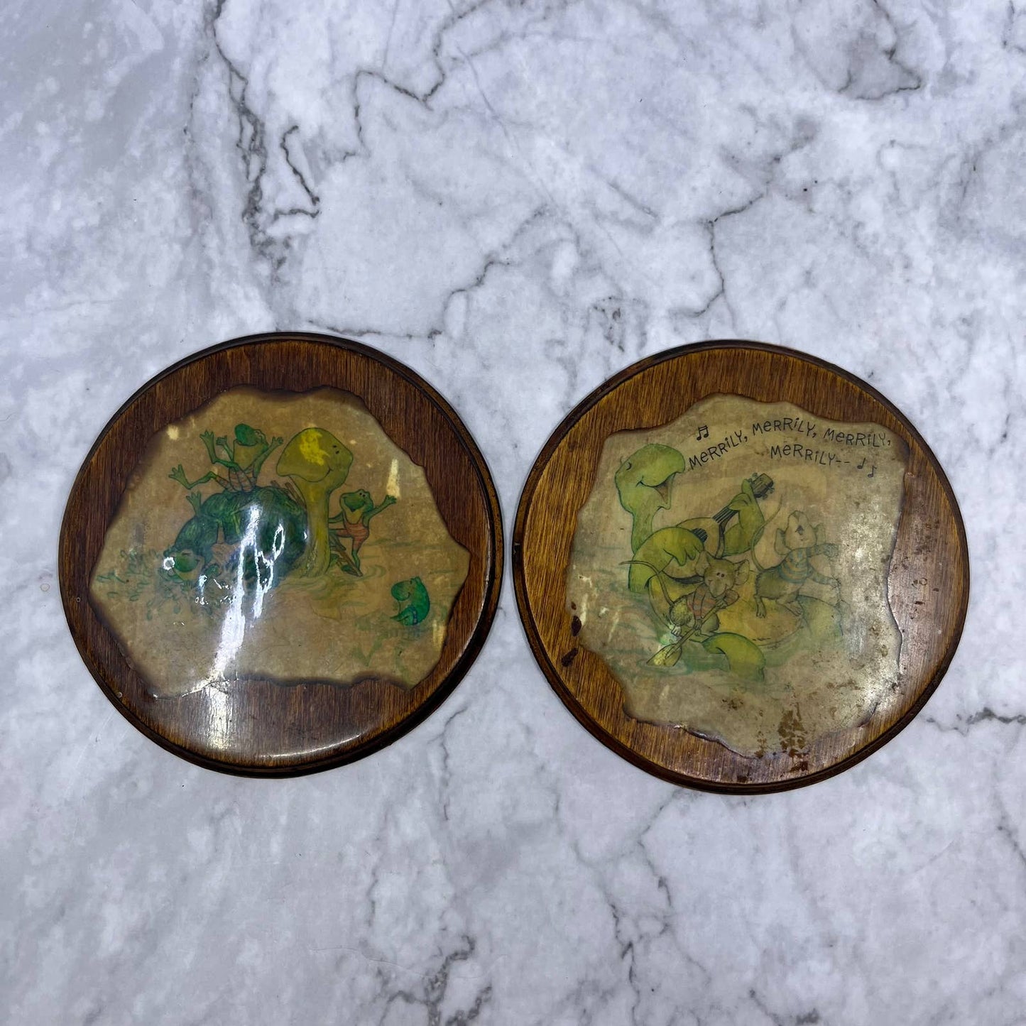 1970s Retro Decoupage Turtle Coasters Wall Art Set 5” TE3