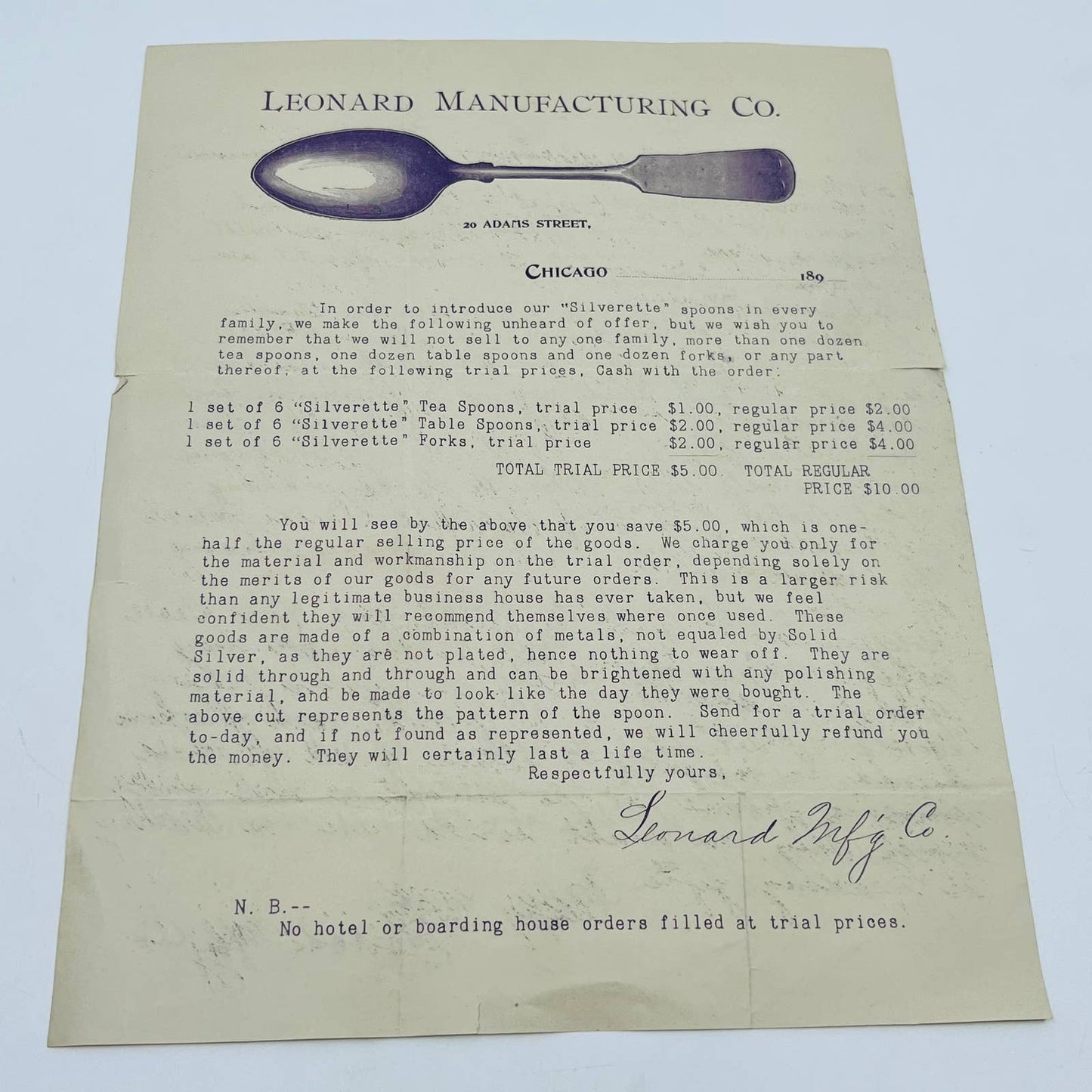 1890s Leonard Manufacturing Co. Silverware Letterhead & Envelope Chicago IL D3