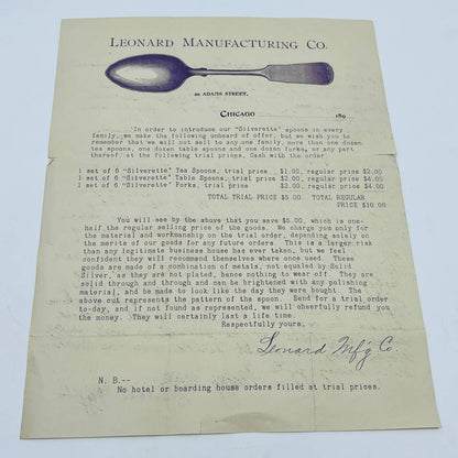 1890s Leonard Manufacturing Co. Silverware Letterhead & Envelope Chicago IL D3