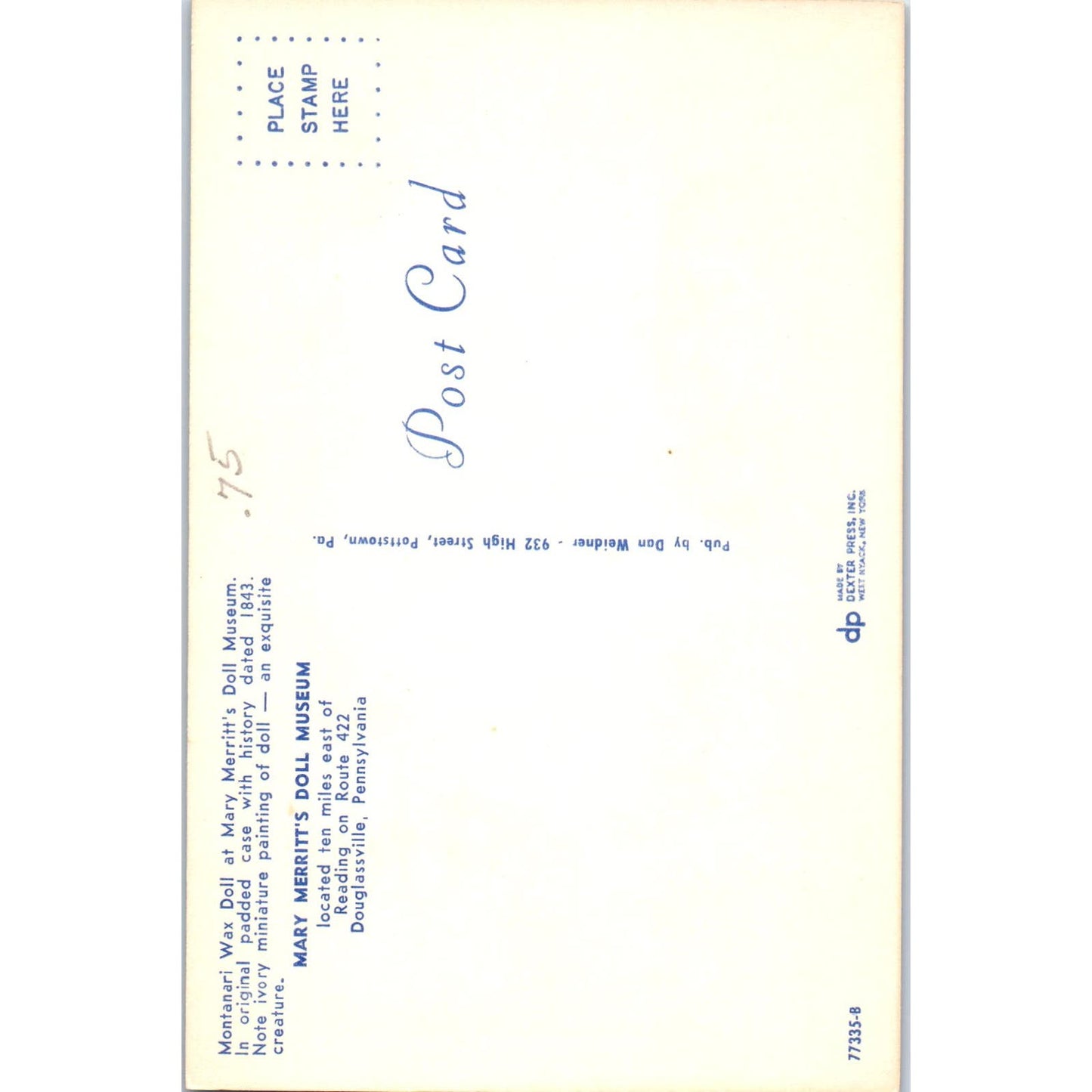 Montanari Wax Doll Mary Merritt's Doll Museum Douglassville PA Postcard PB4