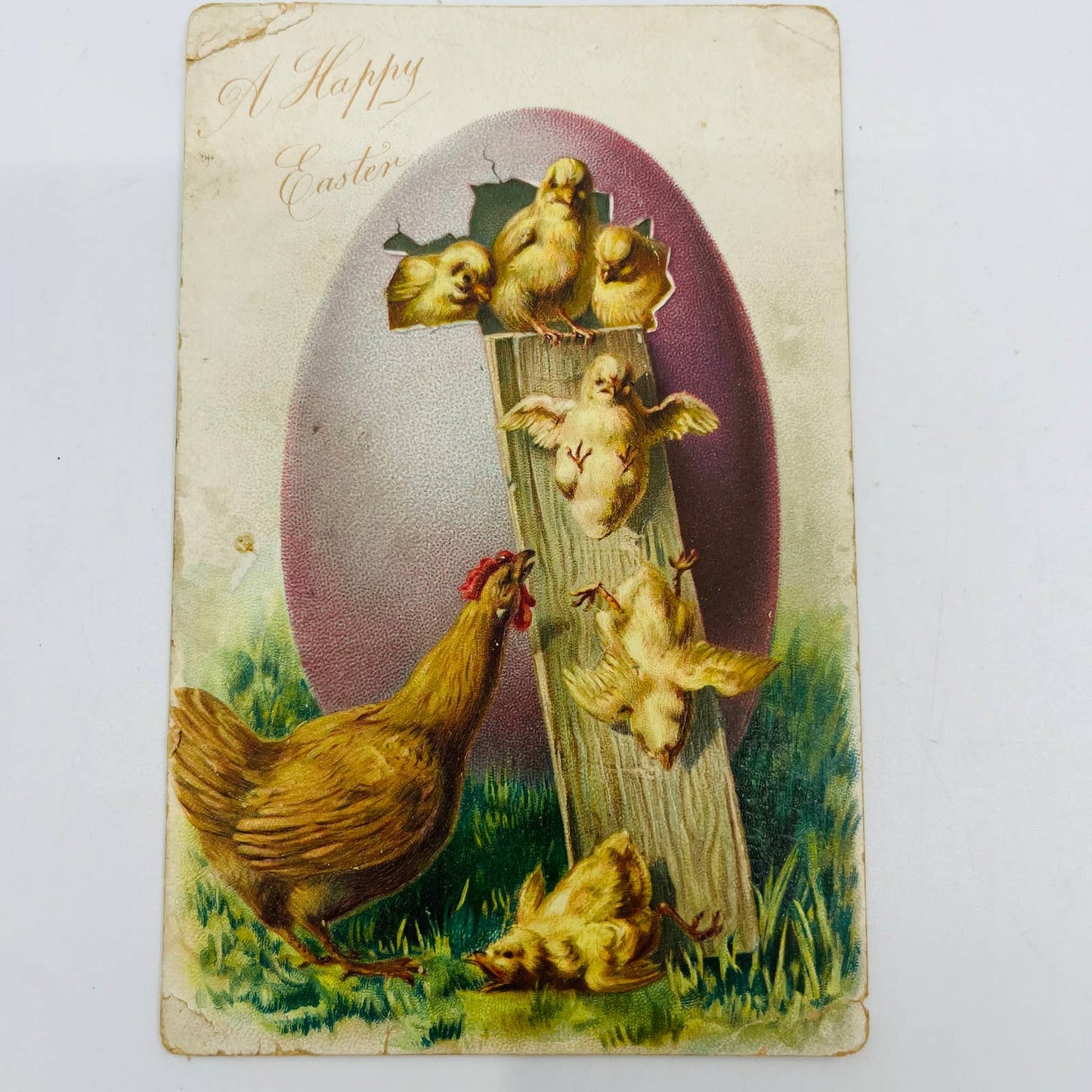 1910s Easter Post Card Raphael Tuck Chicken Chicks Sliding Out of Giant Egg PA5