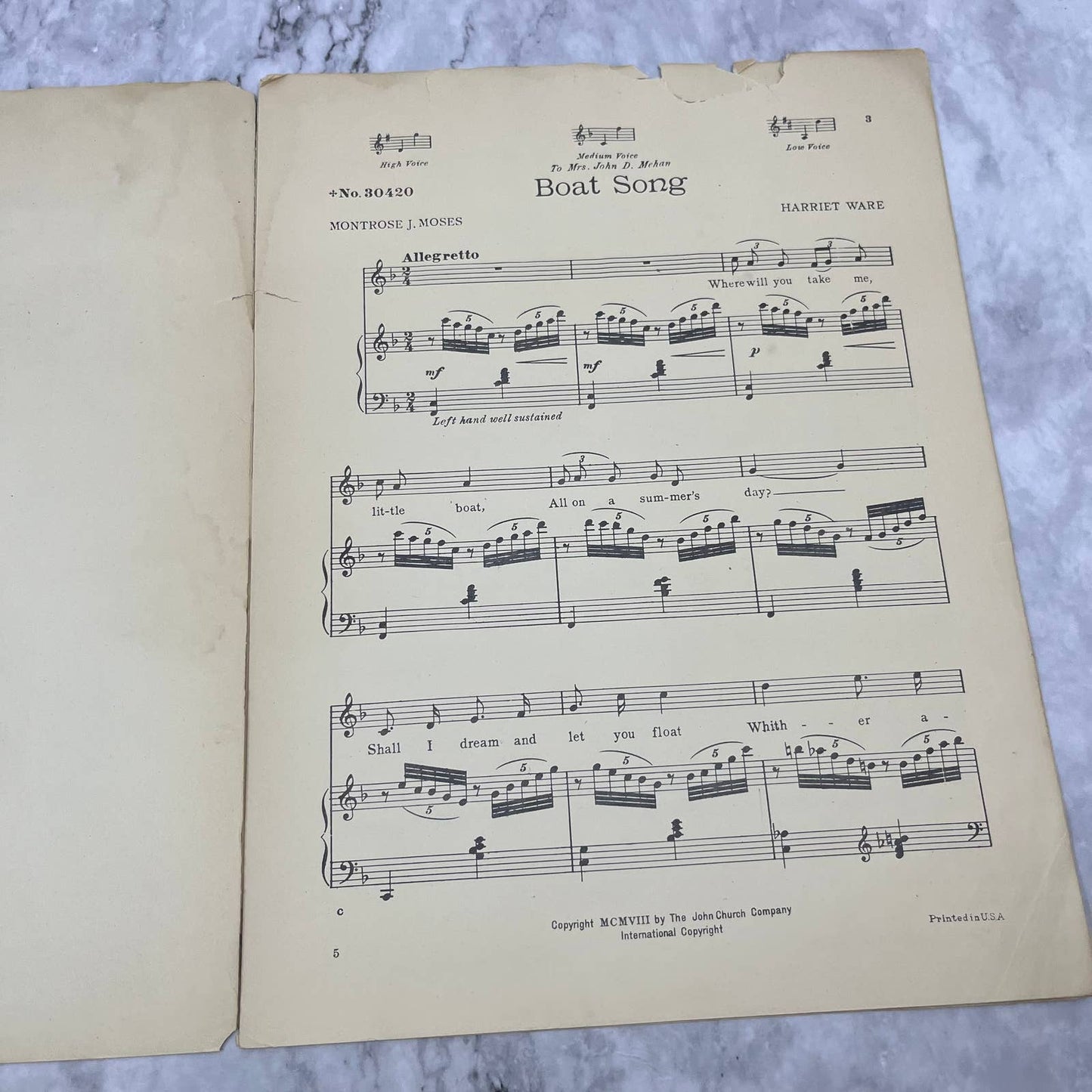 BOAT SONG, Harriet Ware-Montrose J Moses, John Church Co 1908 High VOICE TJ4