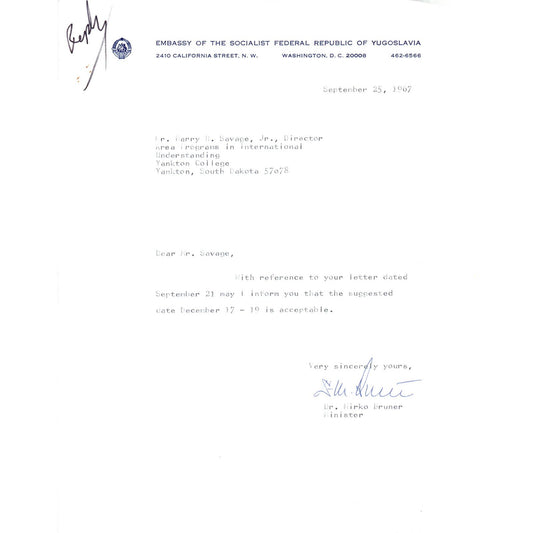 Embassy of Socialist Federalist Republic of Yugoslavia Letterhead 9/25/67 TK1-P8