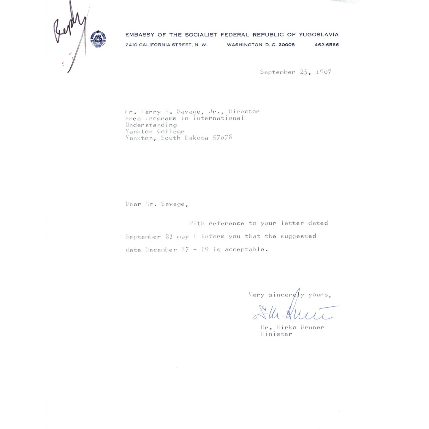 Embassy of Socialist Federalist Republic of Yugoslavia Letterhead 9/25/67 B13