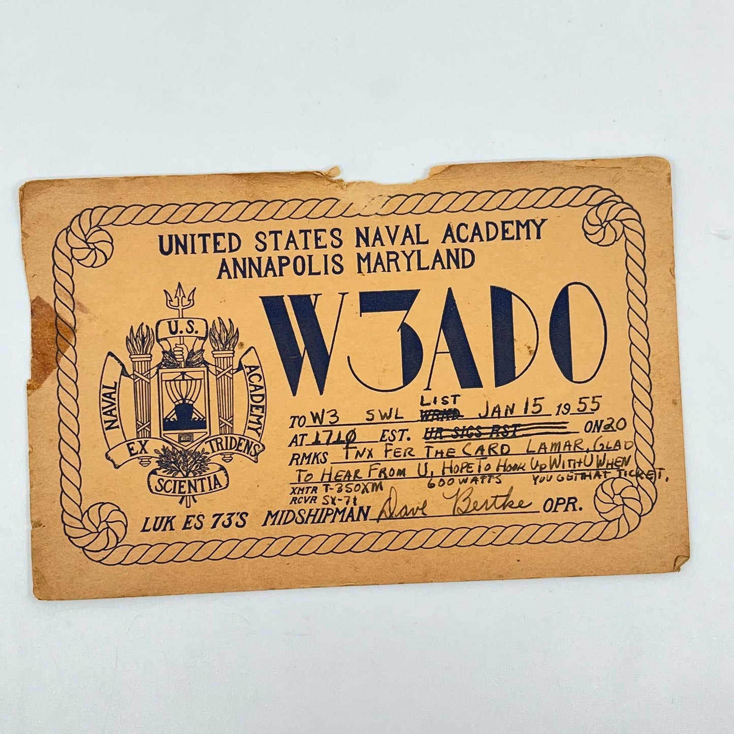 1955 QSL Radio Card W3ADO US Naval Academy Annapolis MD Lamar Rambo SC6