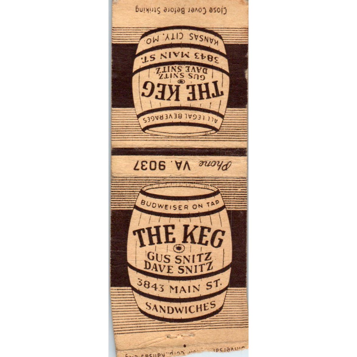 The Keg Gus & Dave Snitz Kansas City MO Advertising Matchbook Cover SA9-M1