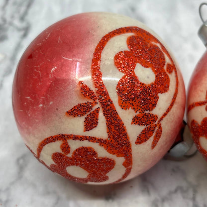 Vintage Lot of 3 Shiny Brite Christmas Ornament 2 5/8” Mica Stencil Red TJ9