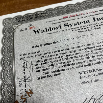 Antique 1923 Stock Certificate Waldorf System Incorporated New York Boston B5