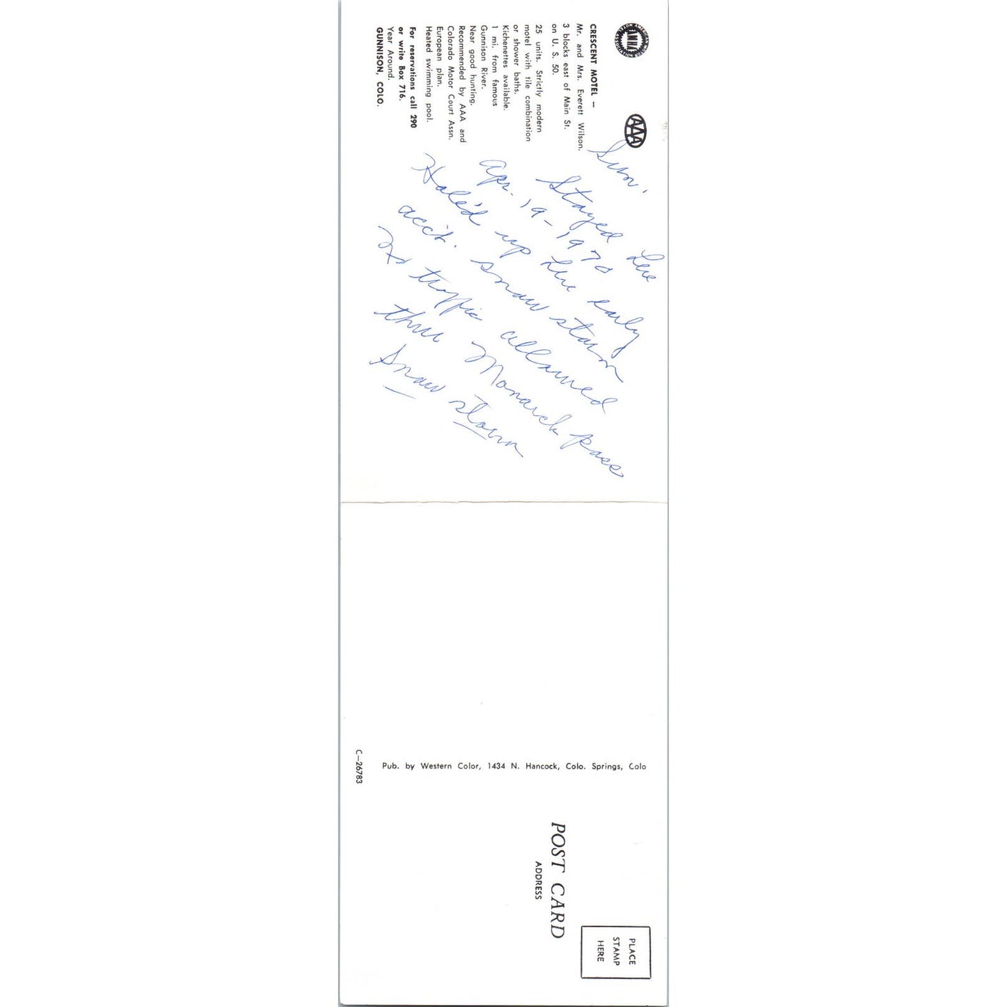 Folding Postcard Crescent Motel Gunnison Colorado 1970 Original Postcard TK1-29