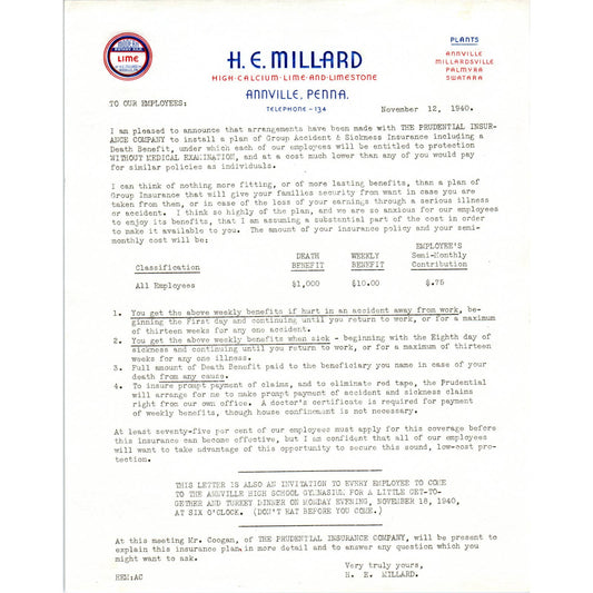 1940 Letterhead H.E. Millard High Calcium Lime and Limestone Annville PA TJ1-2