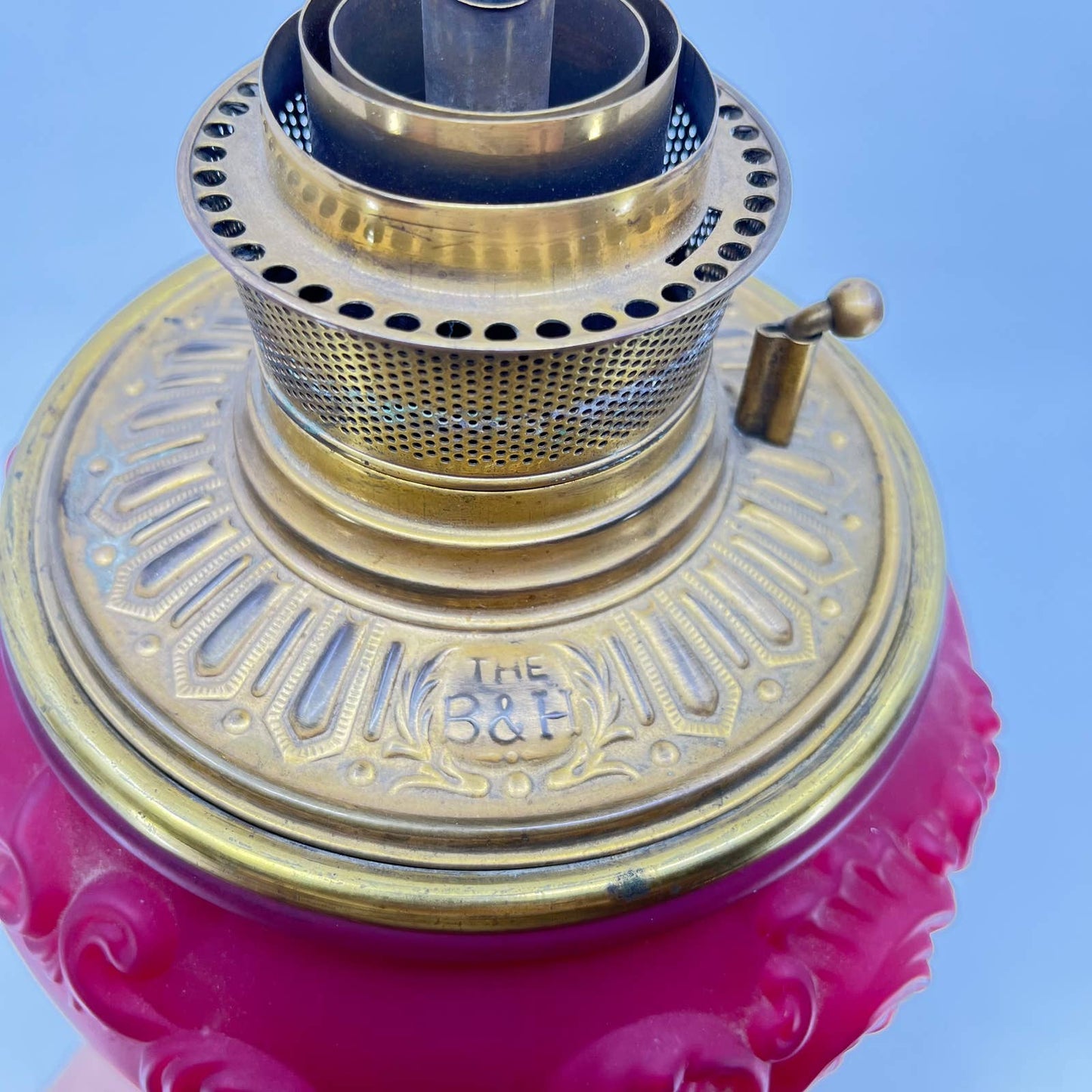 Antique B & H Red Satin Glass and Brass Gone With the Wind Lamp Base LB4