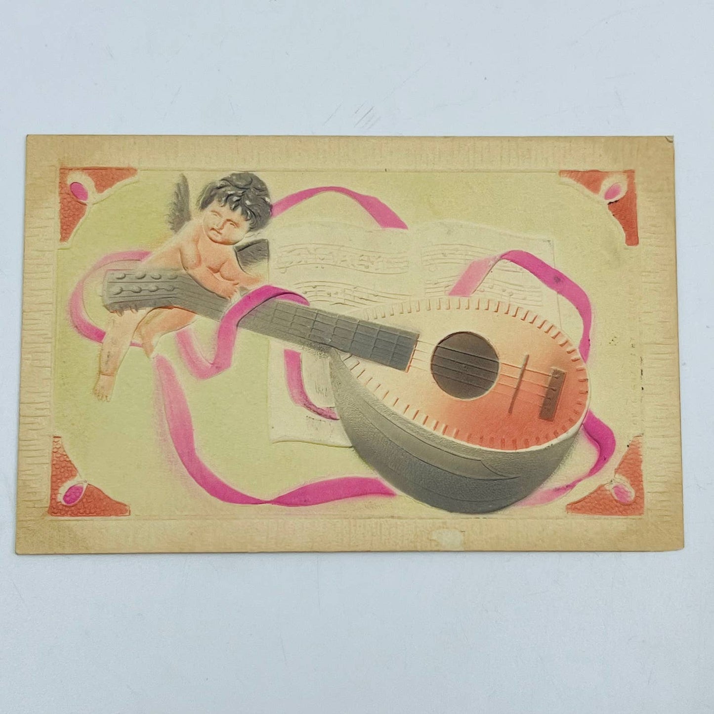 1910s Post Card Embossed Airbrushed Cherub Cupid Lute Mandolin Valentine’s PA6