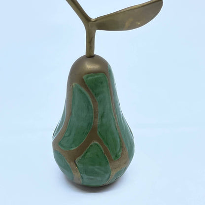 Vintage Brass Pear Figurine Brass W/ Green Enamel Mid Century Figurine 5” TF5