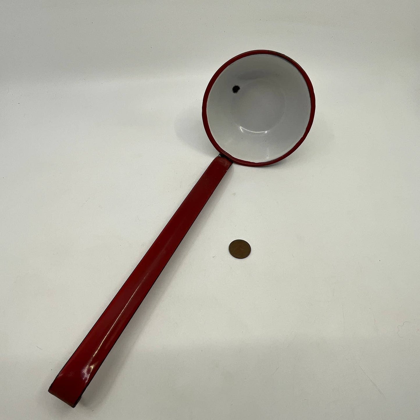 Vintage Enamelware Dipper Ladle White with Red Trim ~12” TH2