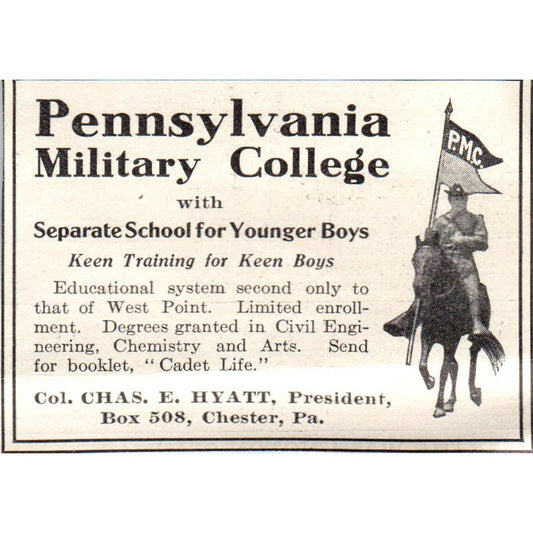 c1920 Harper's Ad- Pennsylvania Military College Chas. E. Hyatt Chester PA EA3-2