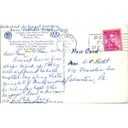 Motel Campbell House Delaware Ohio 1961 - Original Postcard TJ7-RP2