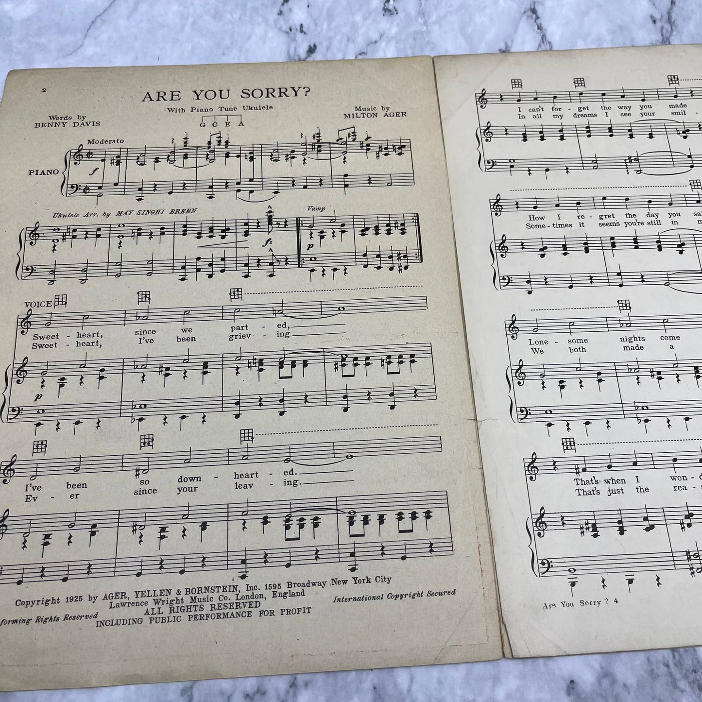 1925 SHEET MUSIC - Are You Sorry Benny Davis Milton Ager Van & Schenck TH1