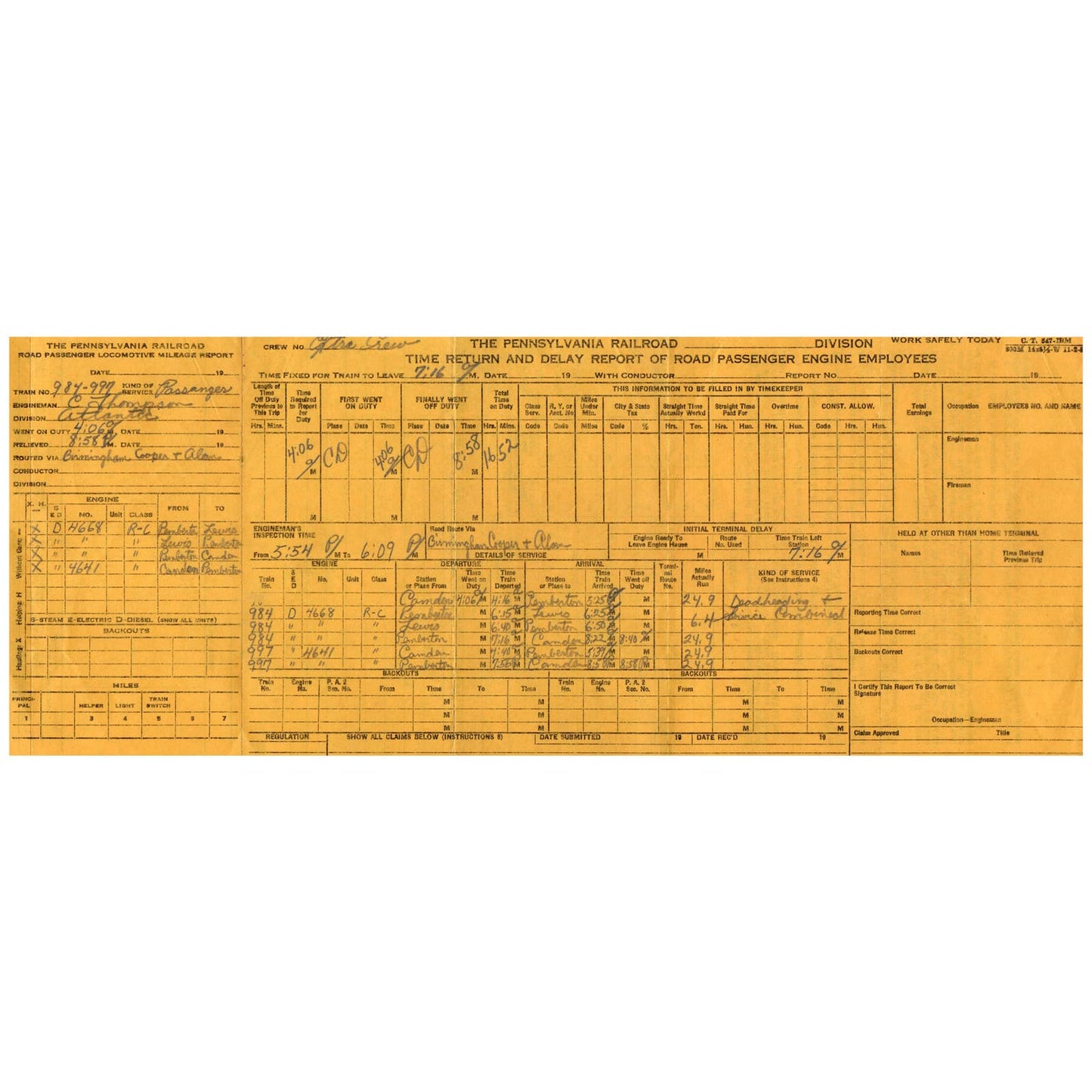 1958 The Pennsylvania Railroad Time Return and Delay Report Form AD8-2