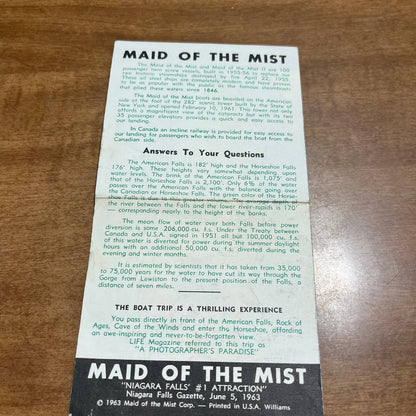 Vintage 1963 Niagara Falls New York Ontario Maid of the Mist Brochure A7