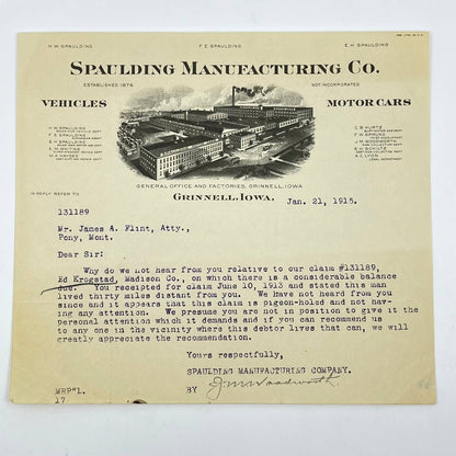 1915 Spaulding Mfg. Co. Vehicles & Motorcars Letterhead Grinnell IA AB5