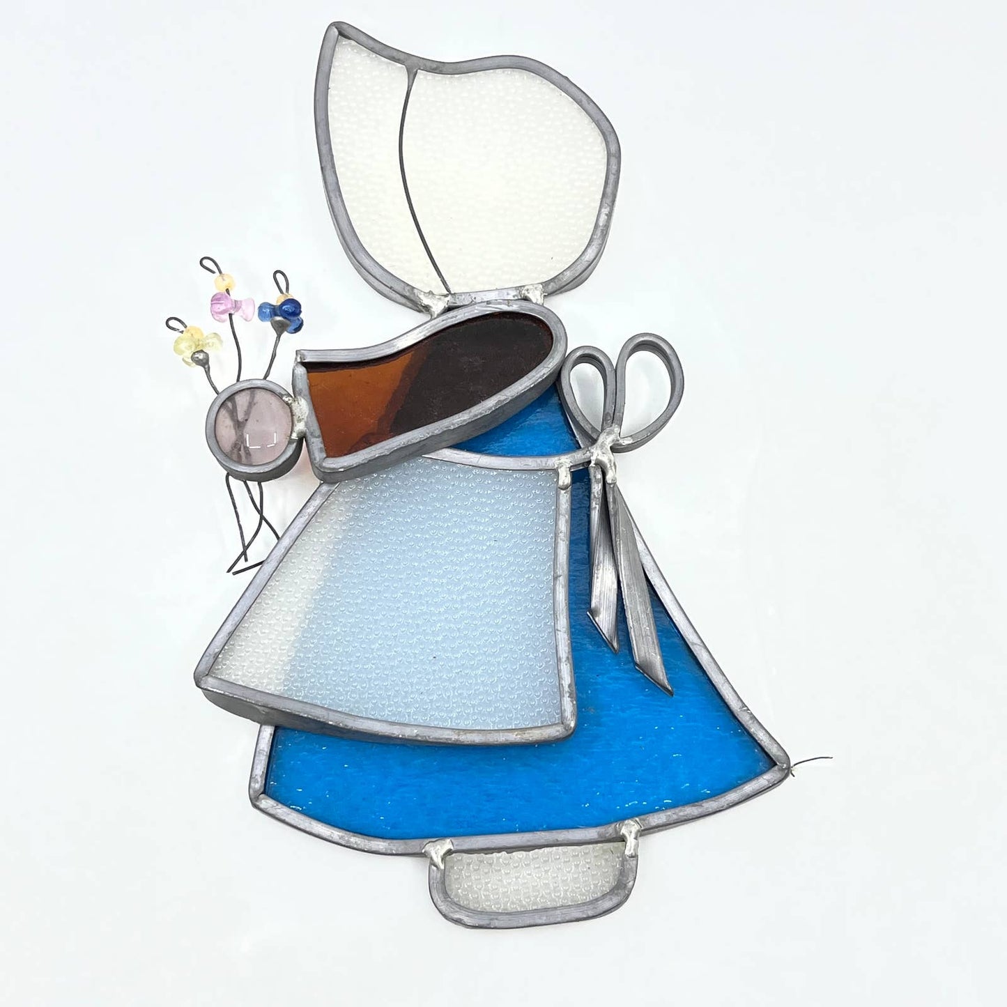 Vintage Dutch Bonnet Flower Girl Stained Glass Sun Catcher 8” TG1