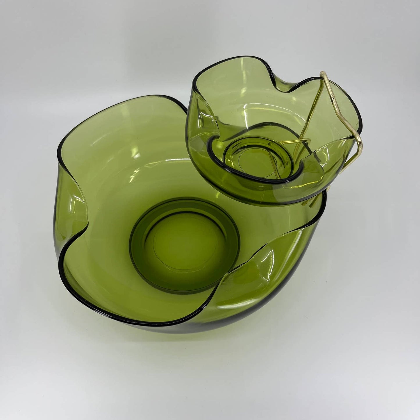 Vintage Anchor Hocking Pinched Avocado Green Glass Chip & Dip Set Bowl 9.25” TB3