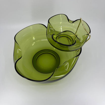 Vintage Anchor Hocking Pinched Avocado Green Glass Chip & Dip Set Bowl 9.25” TB3